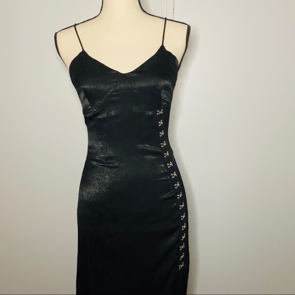 NEW Black Satin Slit Maxi Dress w/ Hook and eye - Picture 2 of 12